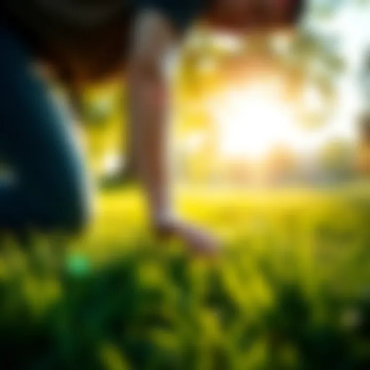 Person touching grass in a park A person kneeling and touching green grass in a sunny park setting
