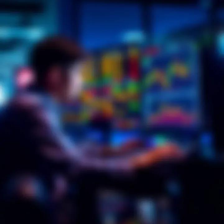 Individual focused on trading cryptocurrency on a laptop, with charts and graphs displayed on screen