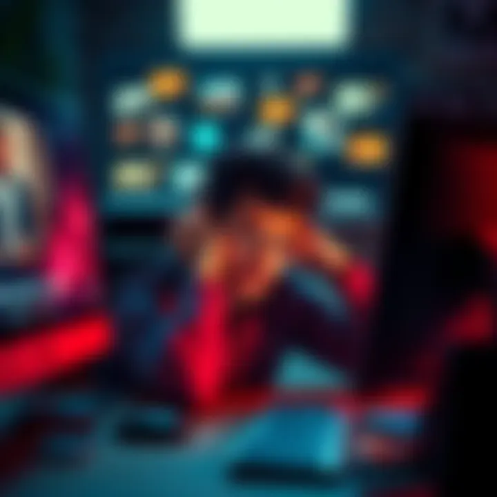 Person experiencing ad burnout Individual looking tired while sitting in front of a computer with ads on the screen, showing signs of exhaustion from ad watching.