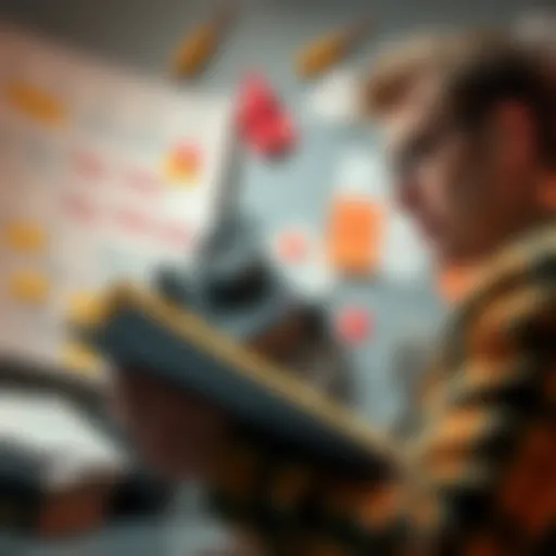 A person looking at a planner with a puzzled expression, surrounded by notes and a calendar that shows crossed-out dates, reflecting chaos in their plans.