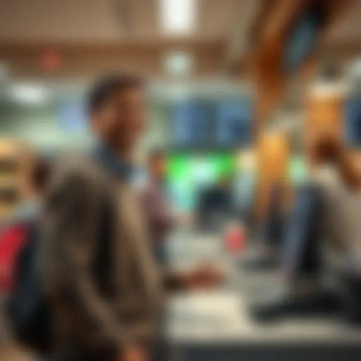 A person stands at a bank counter, smiling while withdrawing cash after losing a hardware wallet, ready to buy groceries.