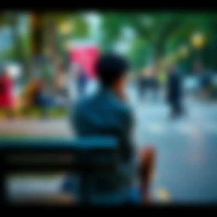 A person on a bench with a distant look, holding their head in their hands, reflecting on feelings of disconnection and stress in a busy park.