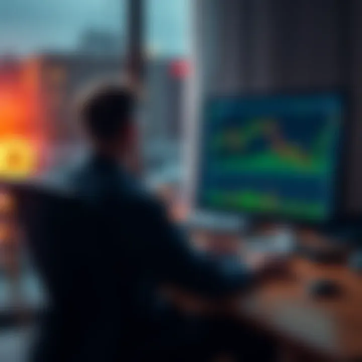 A person sitting at a desk looking at a computer screen displaying Bitcoin charts, contemplating their investment decision.