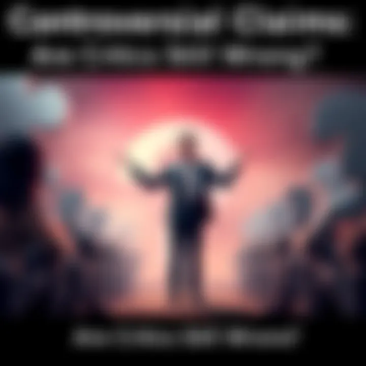 Individual standing confidently, addressing a group of skeptics with a backdrop of question marks