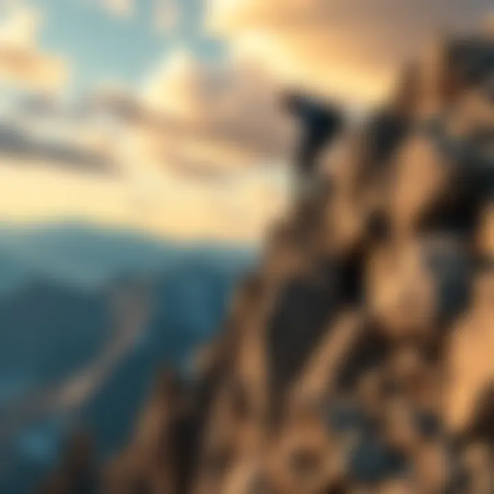 A determined individual climbing a steep mountain, representing the struggle for wealth and persistence in financial goals