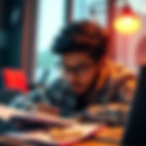 A person focusing intently on a project with determination, surrounded by notes and a laptop, symbolizing dedication and commitment.