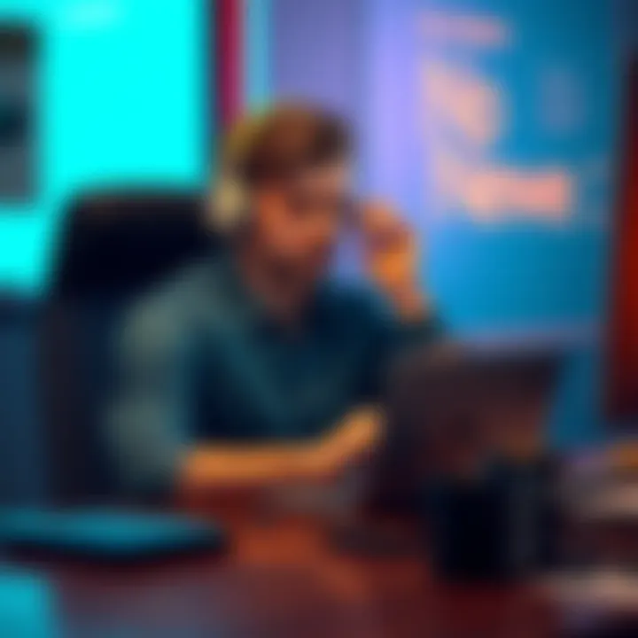 A person sitting at a desk, looking at their laptop with a focused expression while trying to reach customer support