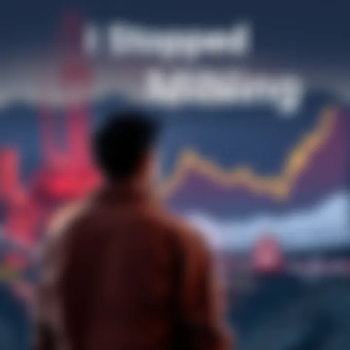 A person standing in front of a mining site, looking disappointed with a faded chart showing declining value in the background