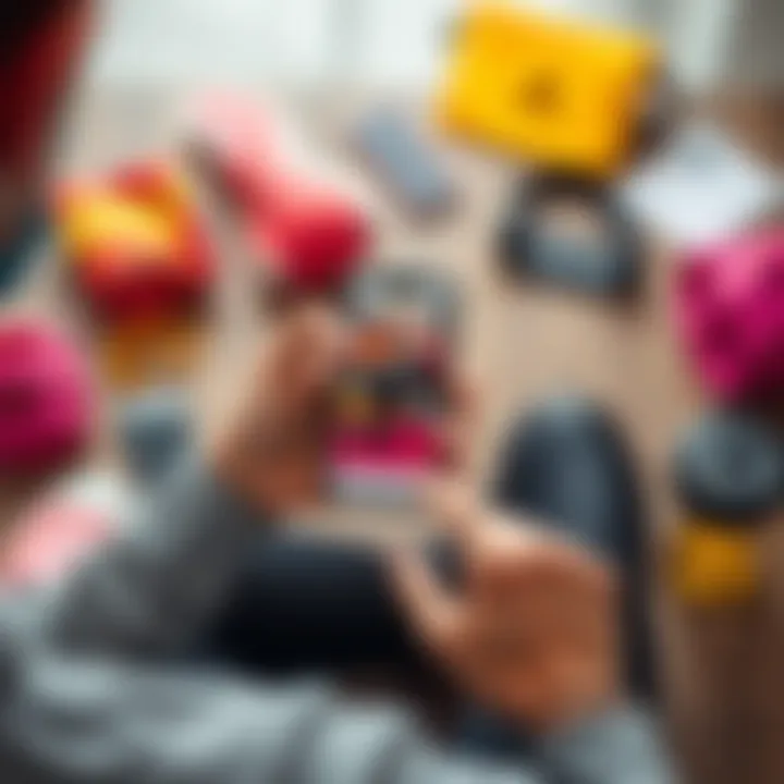 A person doing a micro-workout while holding a smartphone that shows the fitness app, surrounded by workout gear and motivational items.