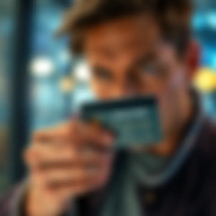 A person anxiously holding a bank card while searching for banking information