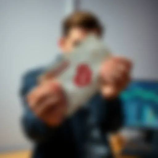 A person carefully holds a paper wallet featuring Bitcoin symbols, looking focused and determined, with a computer in the background representing cryptocurrency management.