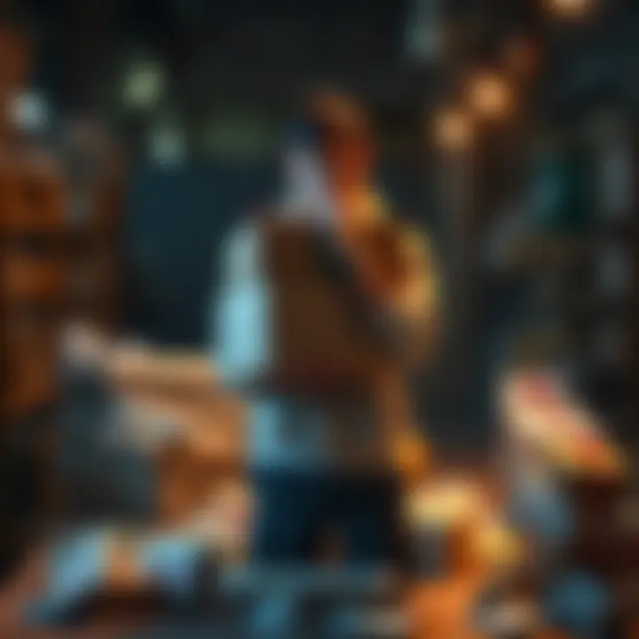 A person stands with a stack of parcels in their hands, looking uncertain about the effort involved in gathering them, surrounded by scattered parcels on a table.