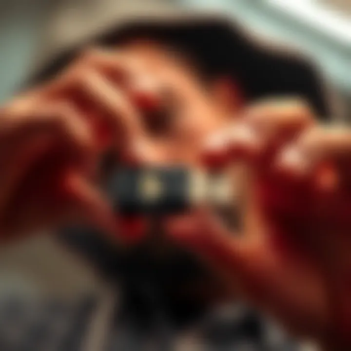 A person examining an old USB drive, looking curious about its contents related to bitcoin wallets.