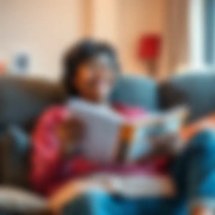 A person sitting comfortably with a big smile, holding a book that has humor-related content.