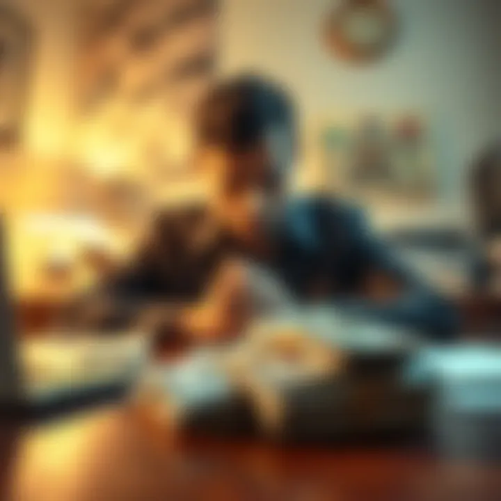 Person Looking at Money A person sitting at a desk looking frustrated while staring at a stack of cash and empty envelopes, symbolizing failed get rich quick schemes.