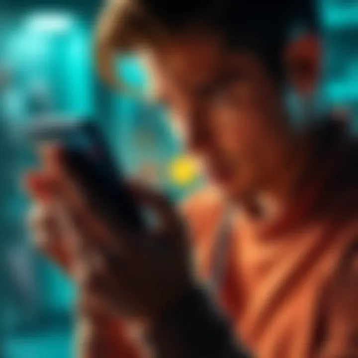 Individual checking phone display showing unrecorded steps with a worried expression