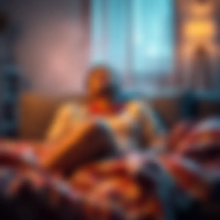 Individual sitting comfortably with a heating pad, looking relieved as they manage pain, surrounded by calming elements like soft lighting and a cozy blanket.