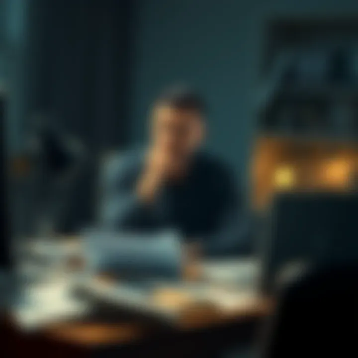 A person sitting at a desk with a thoughtful expression, surrounded by papers and a laptop, trying to prove their identity as Satoshi Nakamoto, the Bitcoin creator.