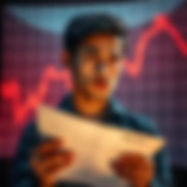 Individual looking concerned while holding a financial document with a declining graph in the background
