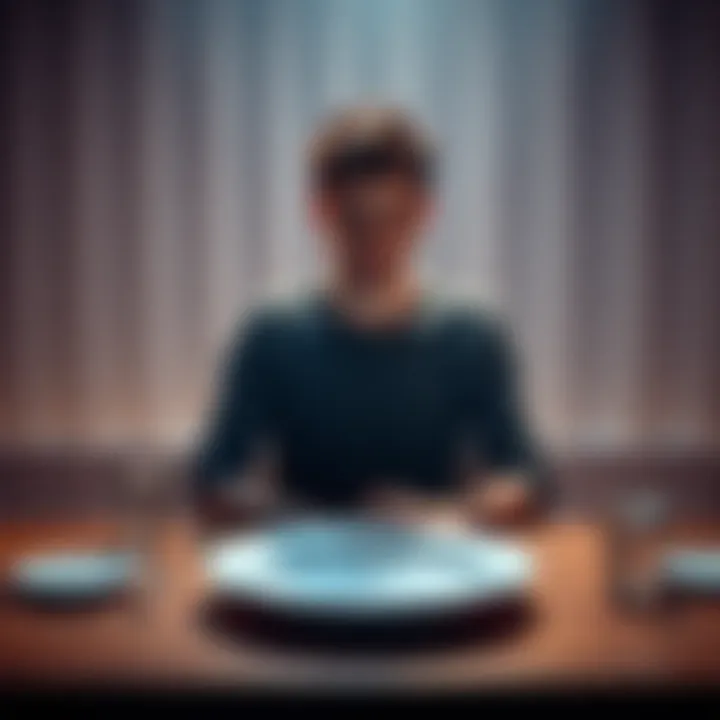 Person practicing extended fasting A person sitting calmly at a table with an empty plate, reflecting on their fasting journey for misophonia relief.