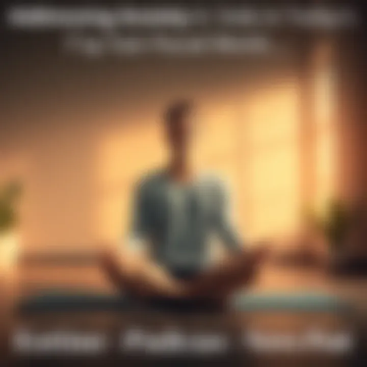 Individual sitting cross-legged on a mat, practicing mindfulness in a calm setting with soft lighting and plants around.