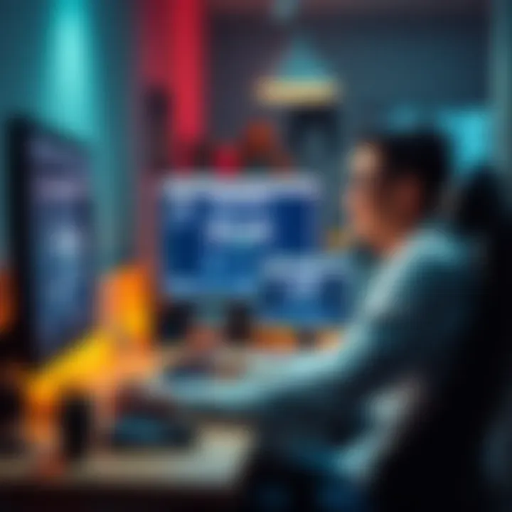 A person sitting at a desk, smiling while looking at their computer screen showing credits earned from reporting someone on a forum.