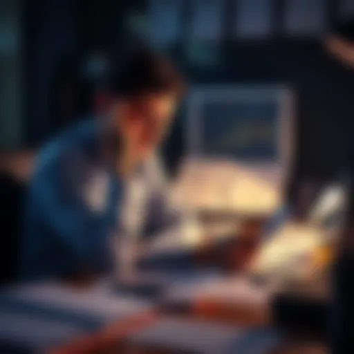 A person sits at a desk with a worried expression, looking at financial charts and papers scattered around, symbolizing the struggle of recovering from losses in trading.