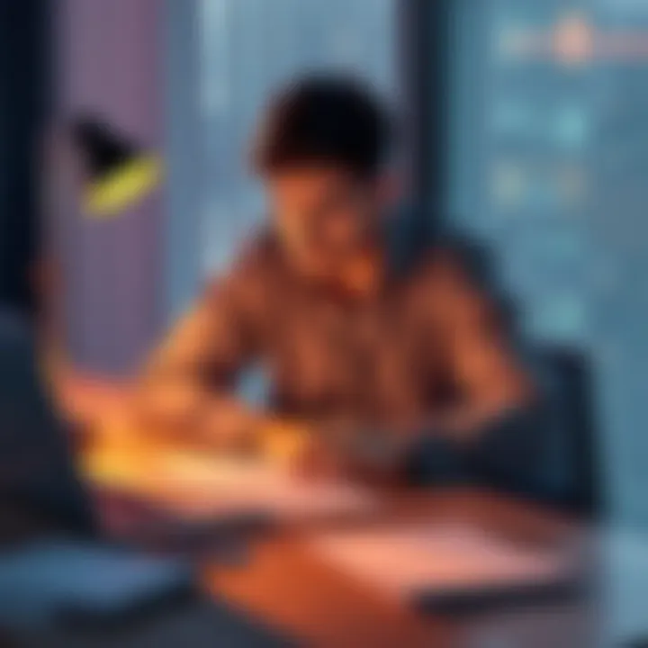 A person sitting at a table looking concerned, with papers and a laptop open, symbolizing financial issues and cryptocurrency investments.
