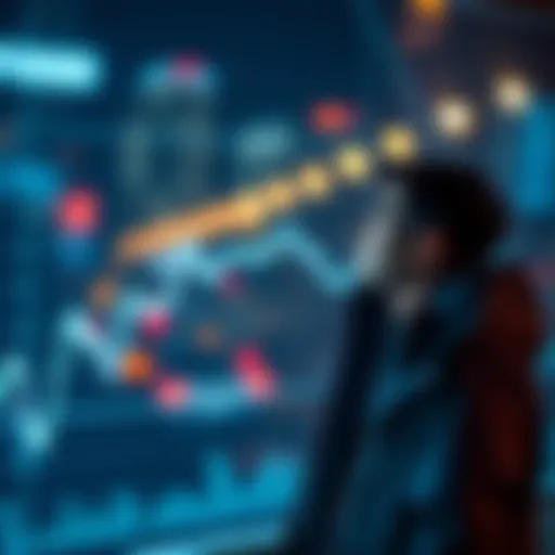 Individual standing with a thoughtful expression, looking at a financial chart showing a downward trend, symbolizing disappointment in investment, with a backdrop of blurred city lights.