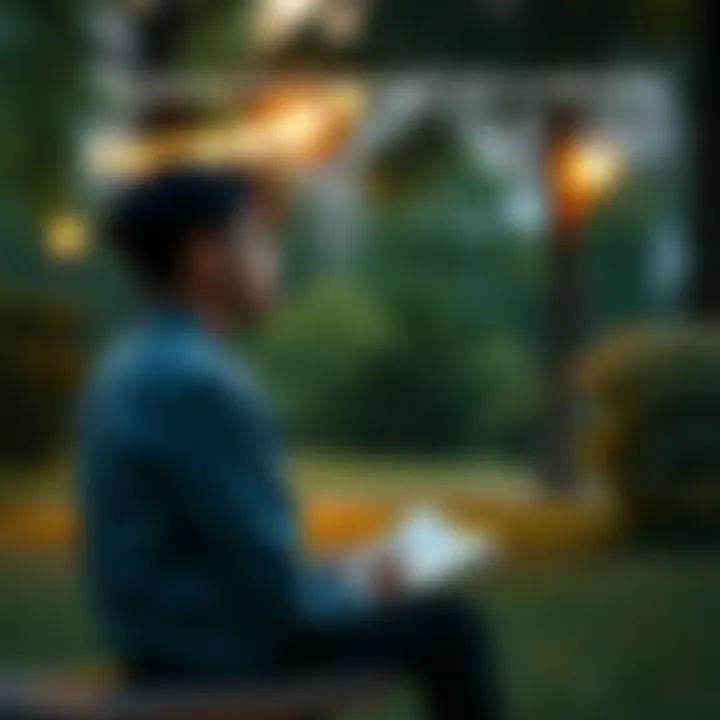 A person sitting alone in a park, looking thoughtful while journaling about their self-identity.