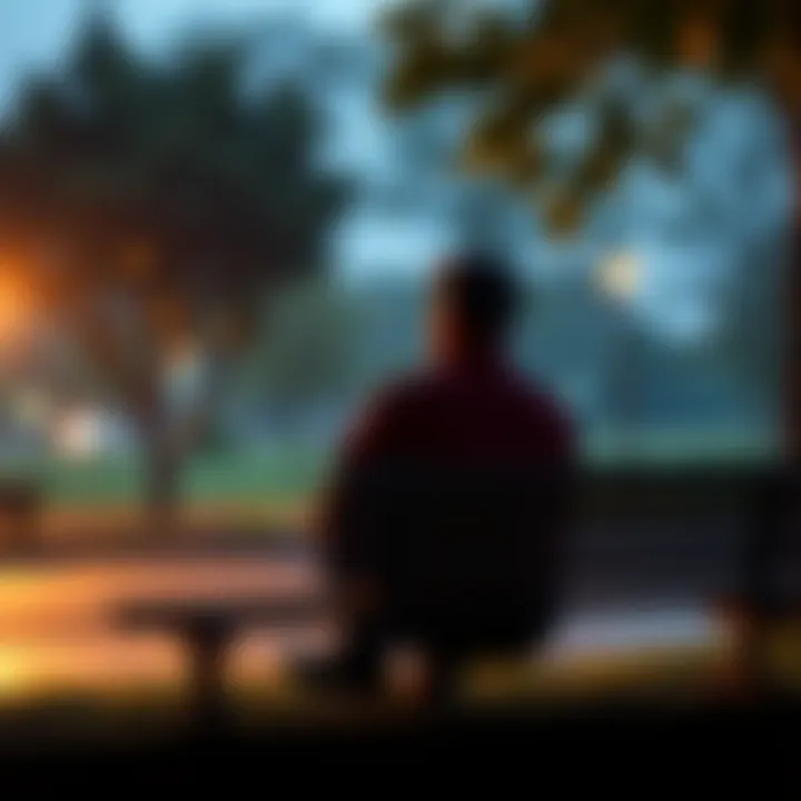 Person reflecting on life A person sitting alone on a park bench, deep in thought, surrounded by nature, symbolizing the bittersweet truths of life.