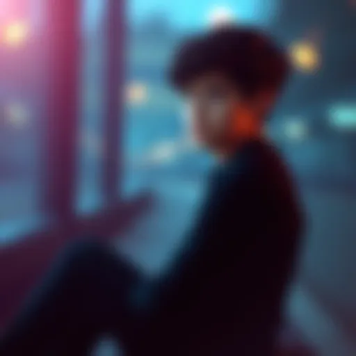A young adult sits alone, looking thoughtful and introspective, surrounded by a blurred background, symbolizing their struggle with memories from an abusive childhood.