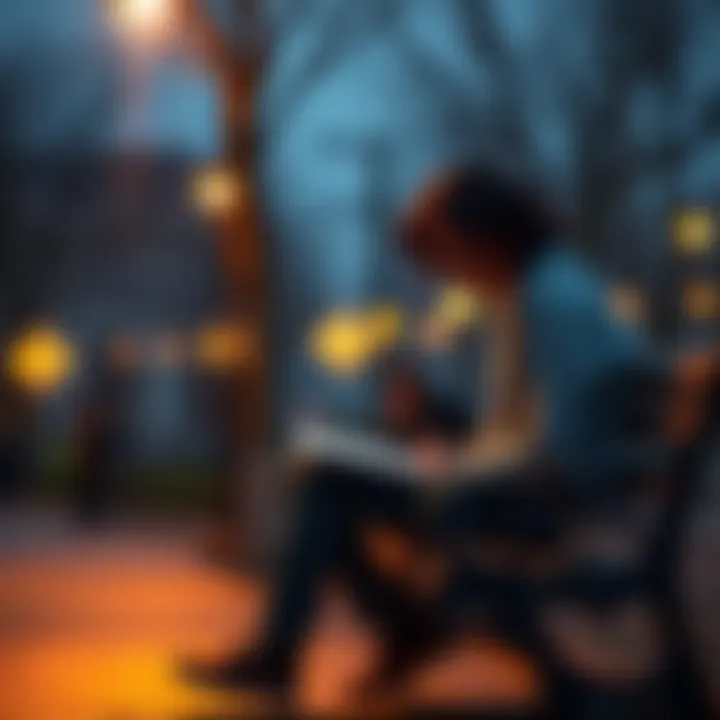 A person sitting on a bench, looking thoughtful with a notebook in hand, symbolizing self-reflection and growth by acknowledging weaknesses.