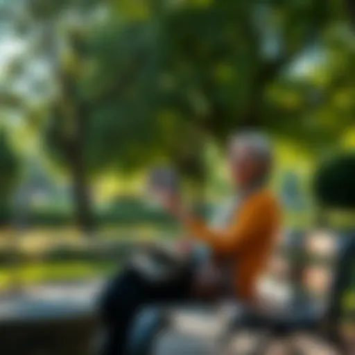 A person sitting on a bench in a park, looking at old photographs and smiling, surrounded by trees and greenery, symbolizing nostalgia for the good old days.