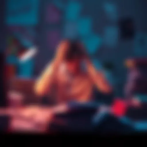 A frustrated person sitting at a desk surrounded by papers, looking overwhelmed while holding their head in their hands.