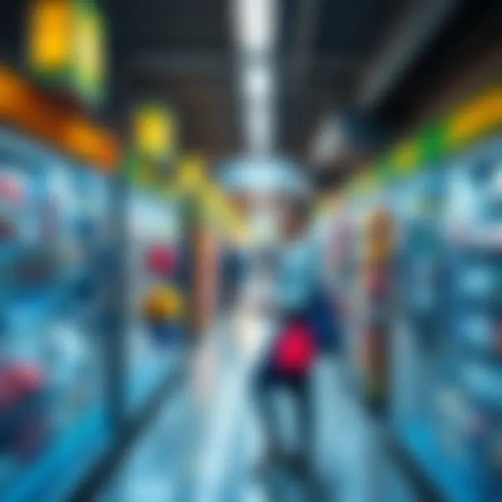 A person enjoying shopping at an atlas subway store, surrounded by various products and shopping bags