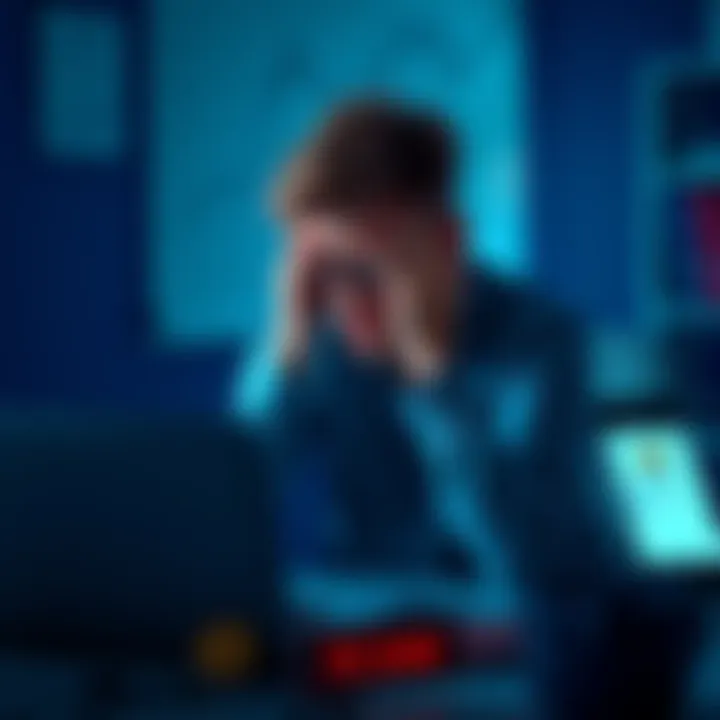 Person feeling stressed about cryptocurrency loss A worried individual sitting at a desk, looking at a laptop displaying cryptocurrency charts, with a phone showing a scam message nearby.