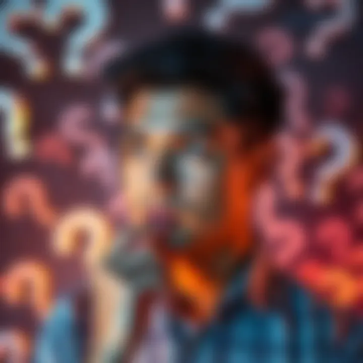 A person looking thoughtful surrounded by question marks, symbolizing curiosity about life's questions.