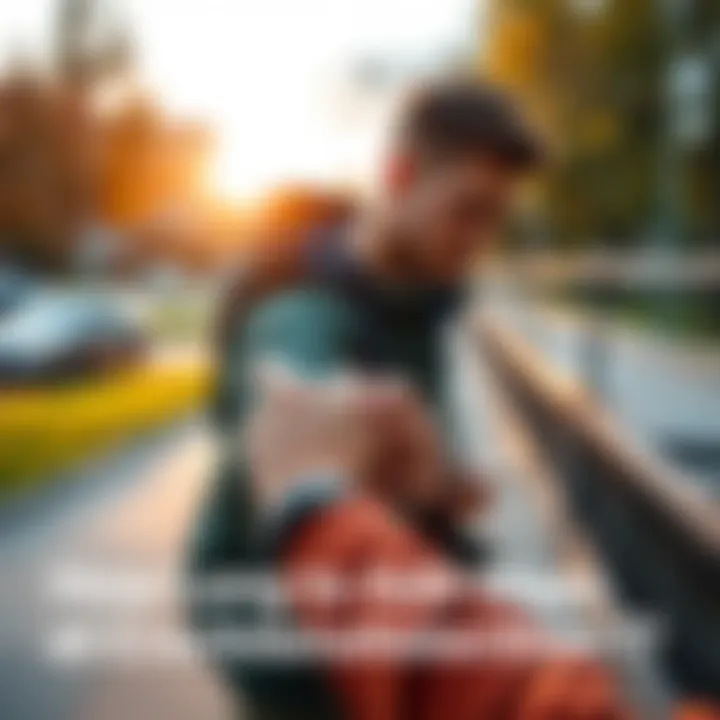 A person looking at a fitness tracker while walking outdoors, monitoring their progress in a step challenge.