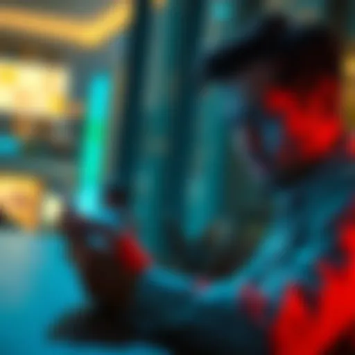 A person sitting at a table, looking at their smartphone screen displaying app updates, with a worried expression and a notification about owed money visible on the screen.