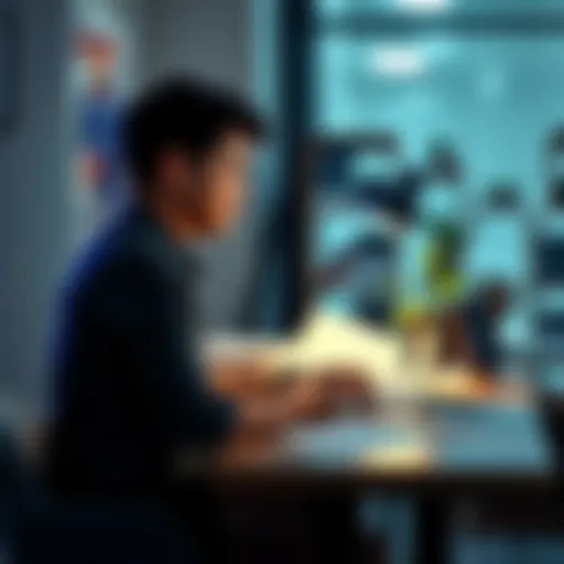 A person sitting at a desk focused on updating their resume with a laptop and papers around them