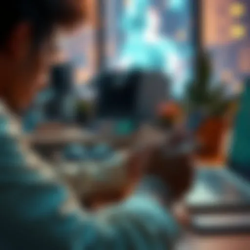 A person sitting at a desk, using the GoMining app on their smartphone to earn Bitcoin daily