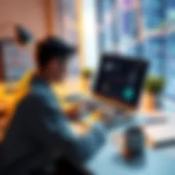 Individual sitting at a desk looking at decentralized finance websites on a laptop, surrounded by financial documents and a coffee cup