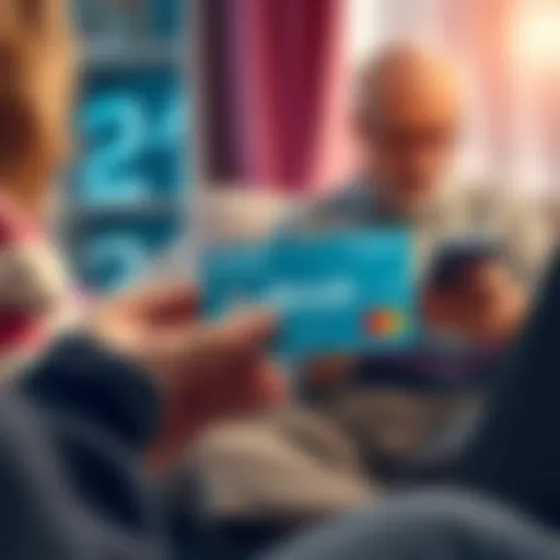 A person holds a Revolut credit card while checking expenses on a mobile app, with a family member in the background discussing funds.