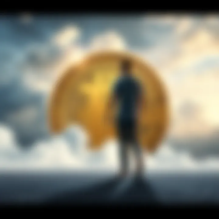 Individual turning their back on a large Bitcoin symbol, symbolizing disengagement from cryptocurrency, with a cloudy sky in the background representing uncertainty.