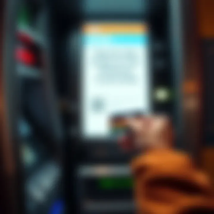 Person withdrawing funds from an ATM A person using an ATM to withdraw cash, showing a hand reaching towards the screen with a bank card.