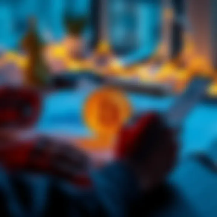 A person reviewing finance documents with a Bitcoin symbol on the table