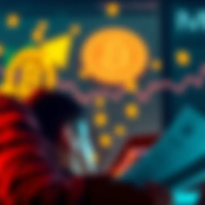 A person looking at financial documents with Bitcoin symbols in the background, pondering a personal loan for investment.