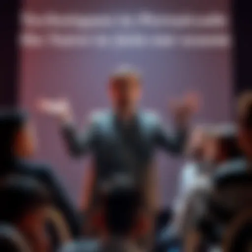 A person stands in front of a small group, using complex language and hand gestures to convince them about a dubious scheme. The audience looks confused yet intrigued.