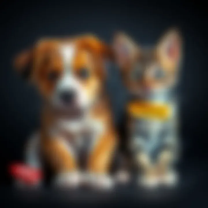 A playful puppy and a curious kitten sit together with colorful name tags, showcasing fun pet names.